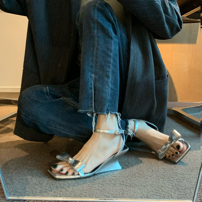 Women Sandals Fashion High Heel Bow Design Trendy Triple Black Silver Free shipping