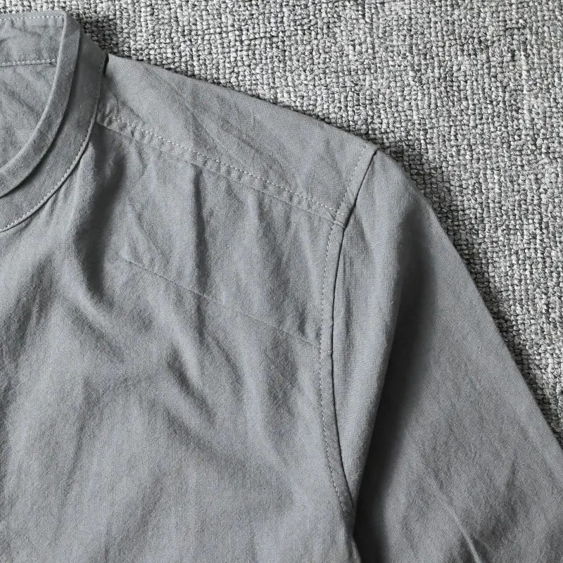 Mens long sleeved slim fit shirt retro pure cotton linen stand up collar single chest daily simple button mens shirt 250110