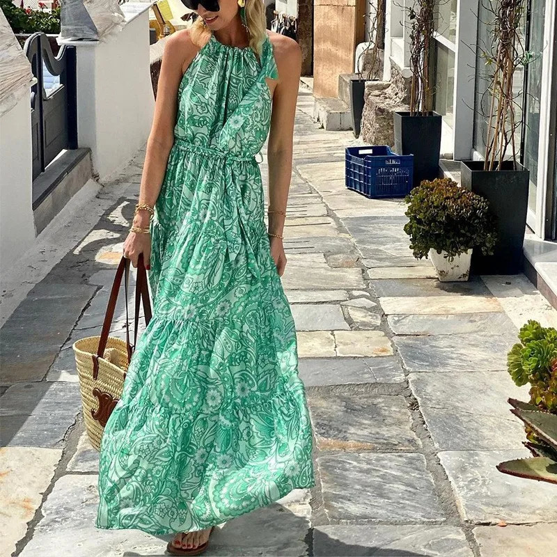 Womens Summer Loose Sleeveless Bohemian Medium length Printed Dress 250118