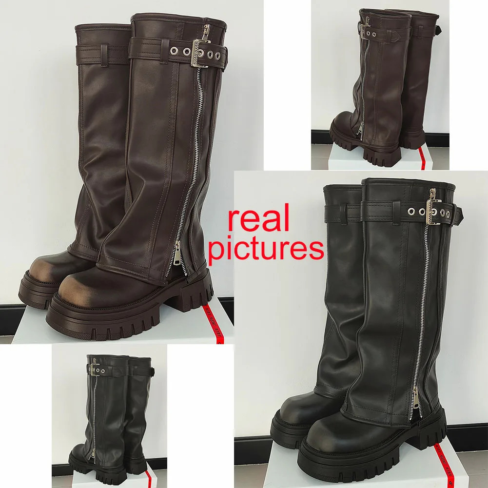 Brand Desinger Knight Women Mid Calf Boots Chunky High Heeled Platform Punk Motorcycle Long Booties Goth Street Shoes For 250117