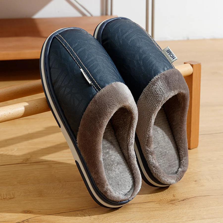 Big Size Mens slippers Winter Indoor Waterproof PU Leather Large Sizes Home Cotton shoes Fur Flat Cotton Bedroom Houseshoes250114
