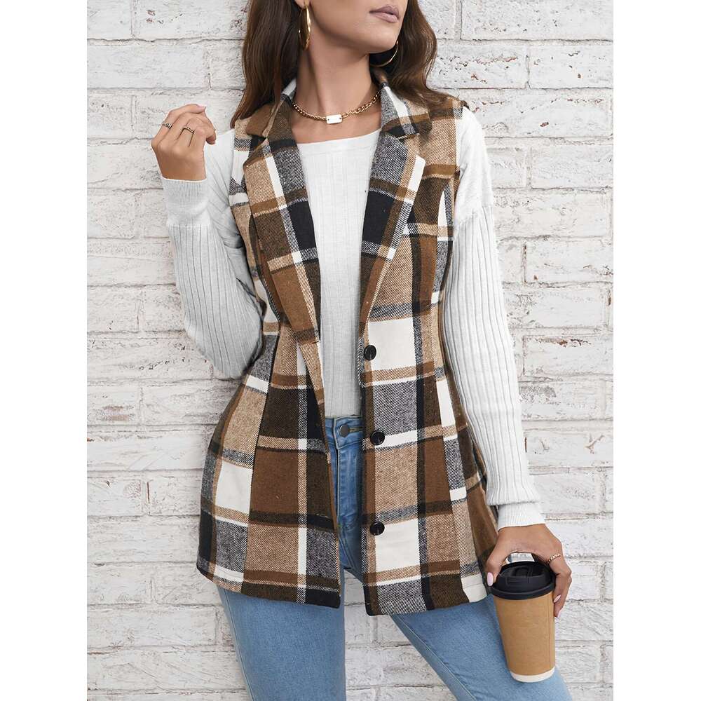 Spring Autumn Winter Top European American Fashion Women's Wear Collar Suit Vest Checkered Coat 2025 New Style Unique and Elegant Clothing