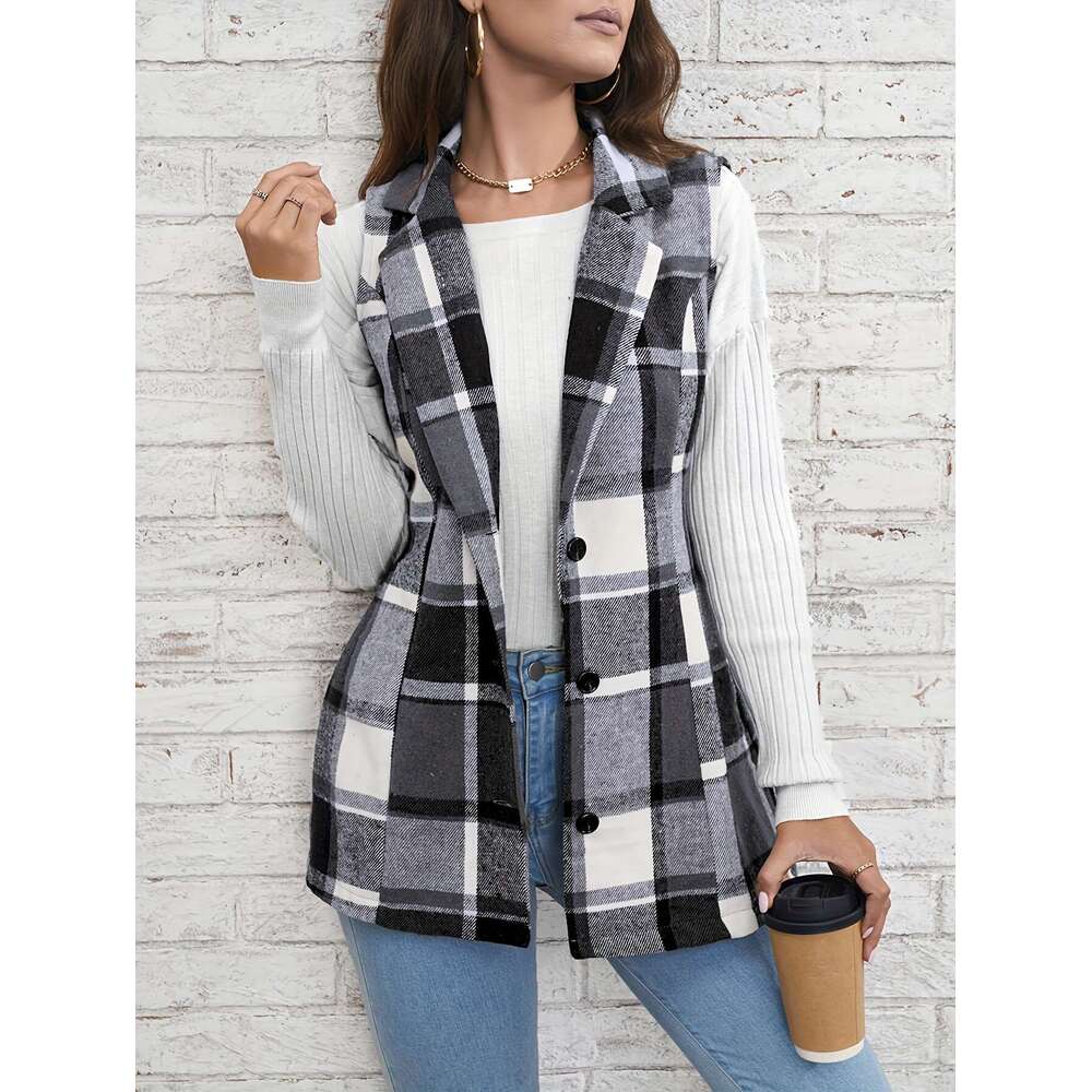 Spring Autumn Winter Top European American Fashion Women's Wear Collar Suit Vest Checkered Coat 2025 New Style Unique and Elegant Clothing