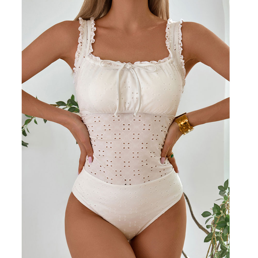Bowknot Detailed Pierced Special Material Ruffle Trim Wide Strap One Piece Swimsuits Modest Swimwear For Women