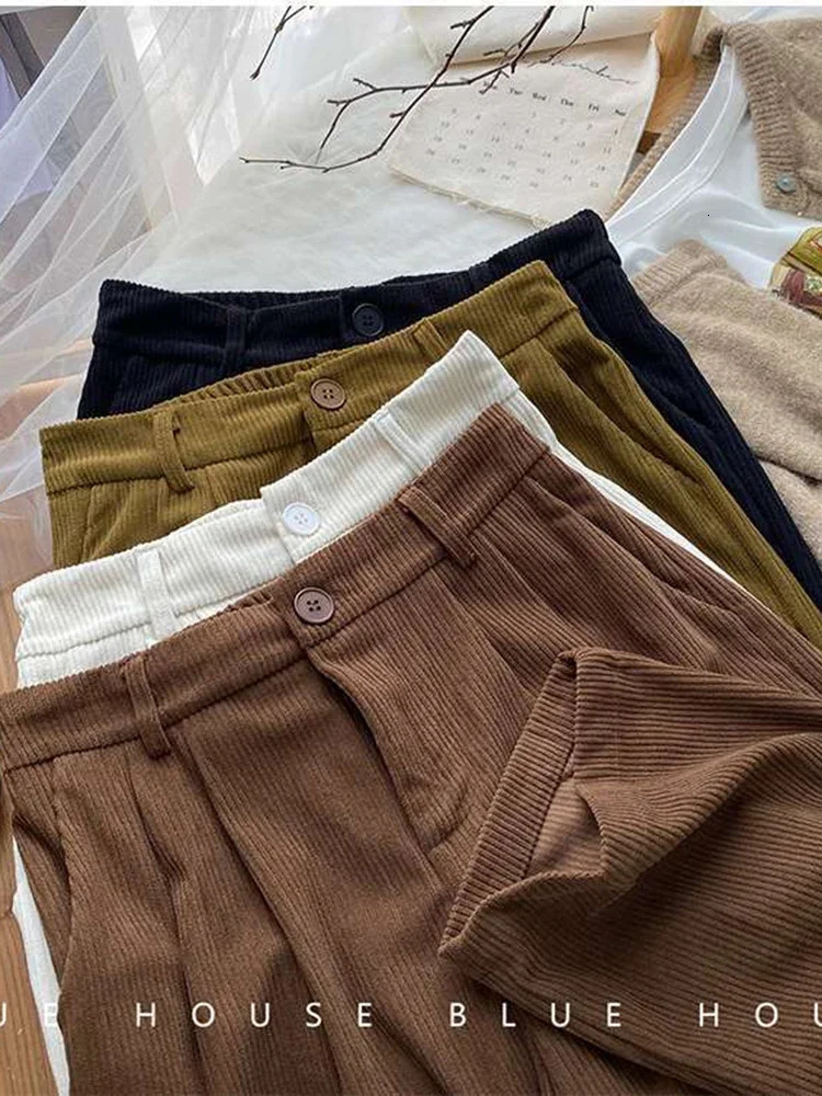 Vintage High Waist Corduroy Pant Spring Fall Straight Causal Full Length Trousers Korean Fashion All Match Black Pants 250113