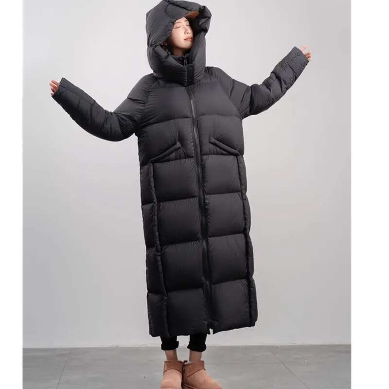 2025 New Winter Long White Goose Down Coat Women's Black Thicken Puff Loose Fluffy Jacket Female Hooded Warm Parka Down Overcoat