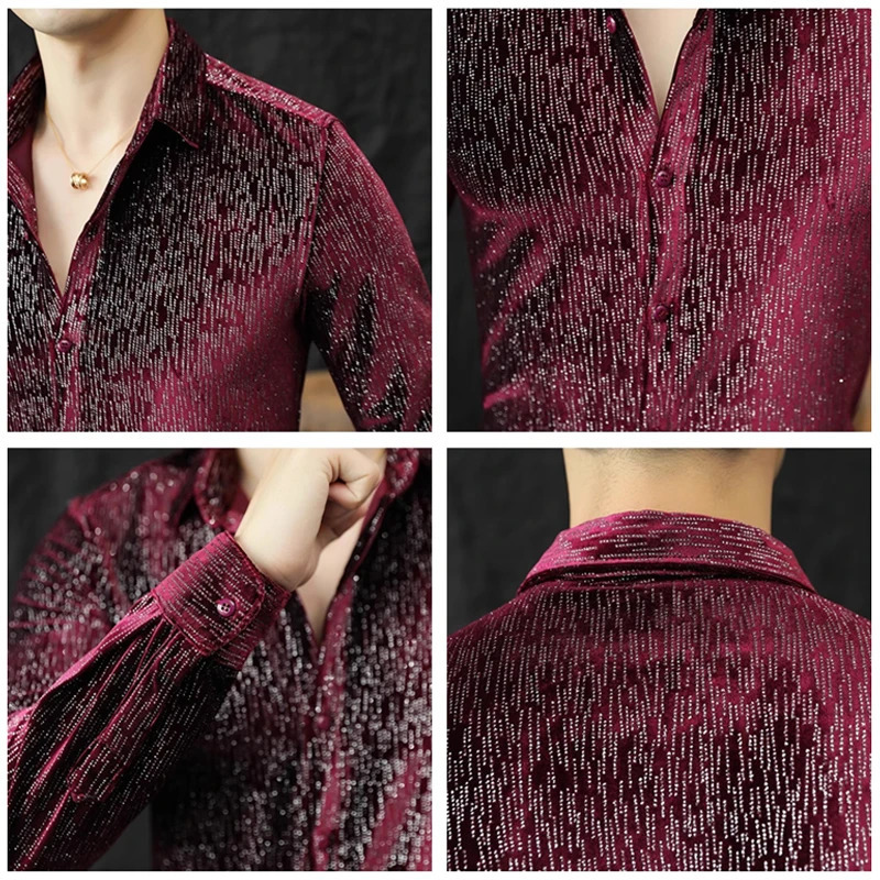 long sleeved velvet sequined shirt mens streetwear lapel social tailcoat shirt mens wedding club disco ultra-thin mens shirt 4XL-M 250110
