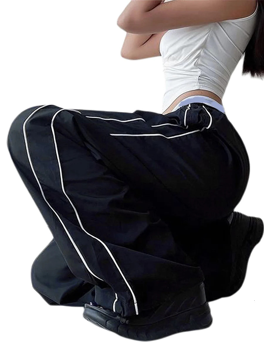 Baggy Cargo Sweatpants for Women Low Wasit Wide Leg Parachute Pant Side Striped Bow Track Pants Y2K Streetwear 250113