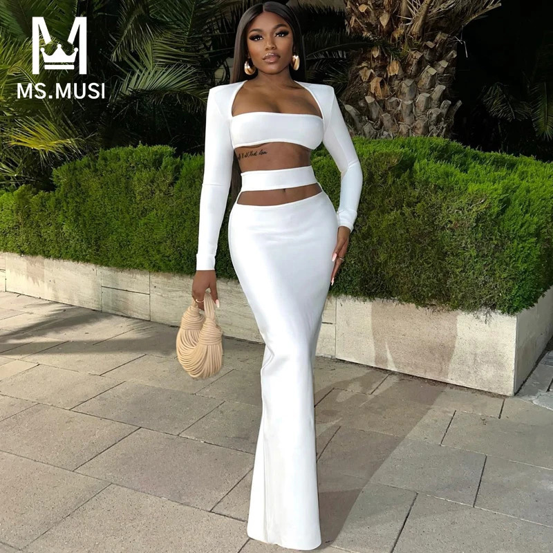 MSMUSI Fashion Women Sexy Hollow Out Long Sleeve Bandage Two Piece Set Bodycon Party Club Short Top And Slit Skirt Set 250109
