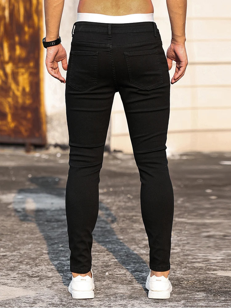 Mens Street Cracked Jeans Pure Black Elastic Tight Pencil Pants Boyfriend Club Clothing Cowboy Ropa Hombre 250118