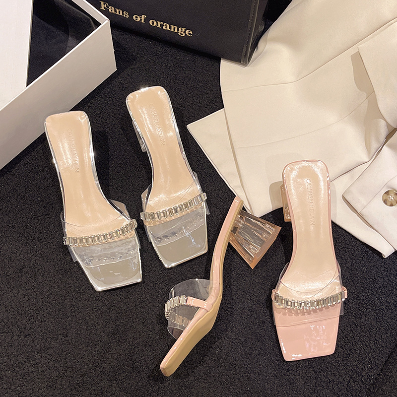 Women Slippers Fashion Chain Design High Heel Versatile Triple hot Sier Pink Free shipping