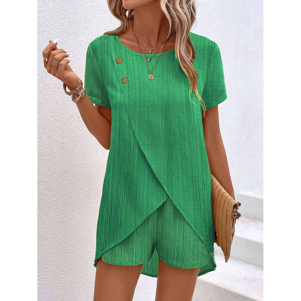 European American women's fashionable and personalized round neck front cross hem short sleeved suit 2025 new casual versatile fashion clothing