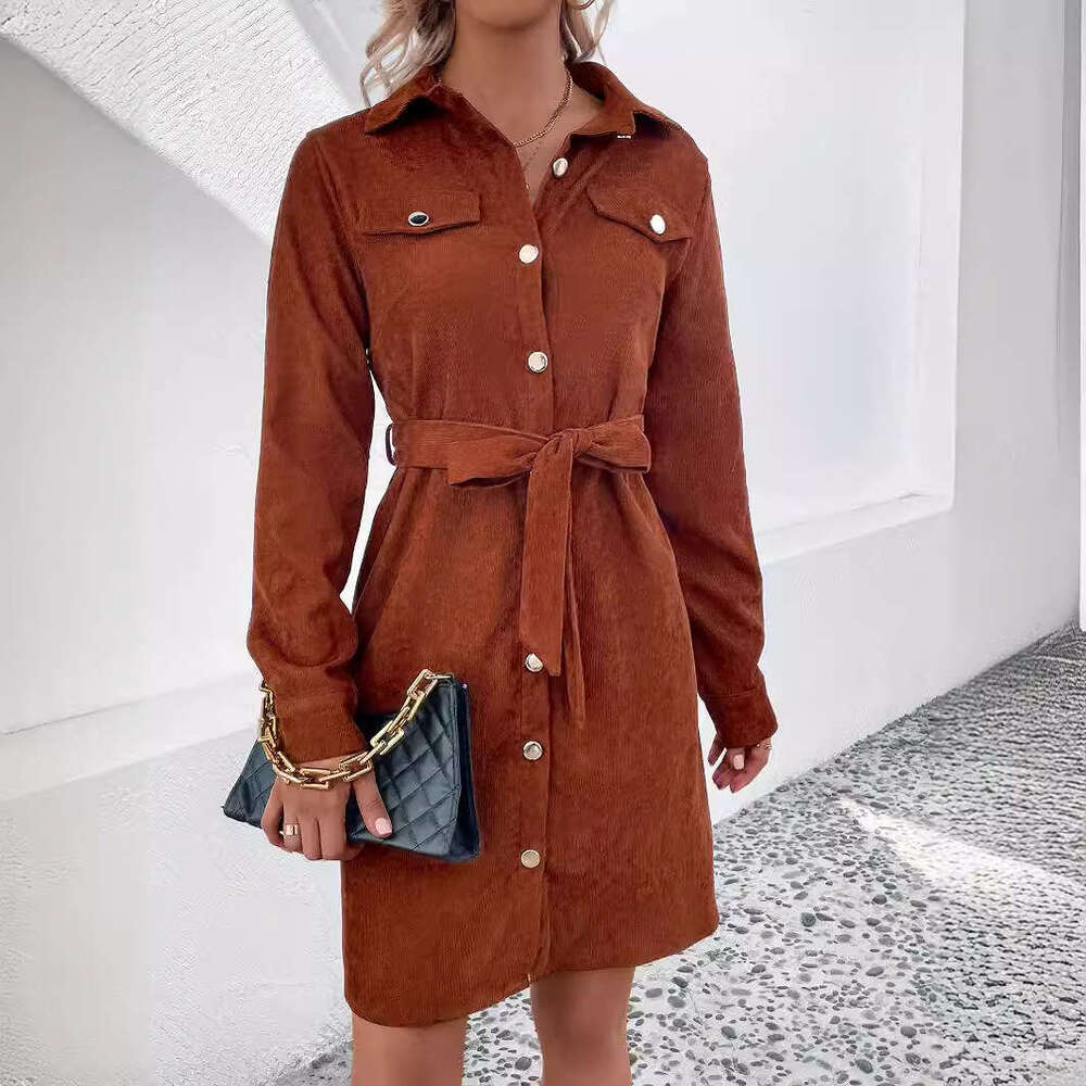 European American lapel corduroy waistband dress for spring, autumn and winter women's clothing, 2025 new casual versatile fashion clothing