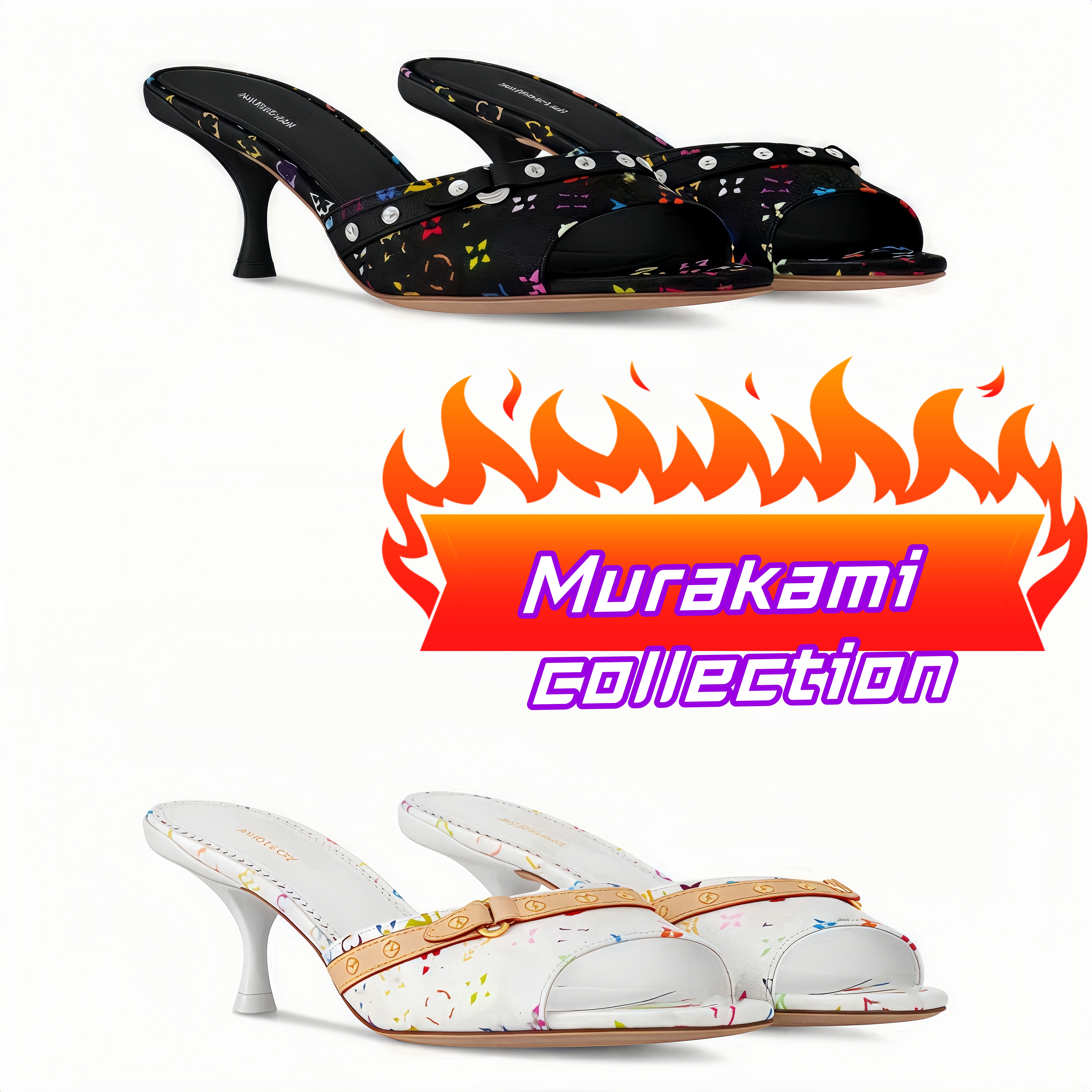 Designer murakami TM 6AM flat mule sandal woman multicoloredn Monogram slippers rubber Flat Mule womens slender stiletto silhouette sandal rainbow Slide size35-42