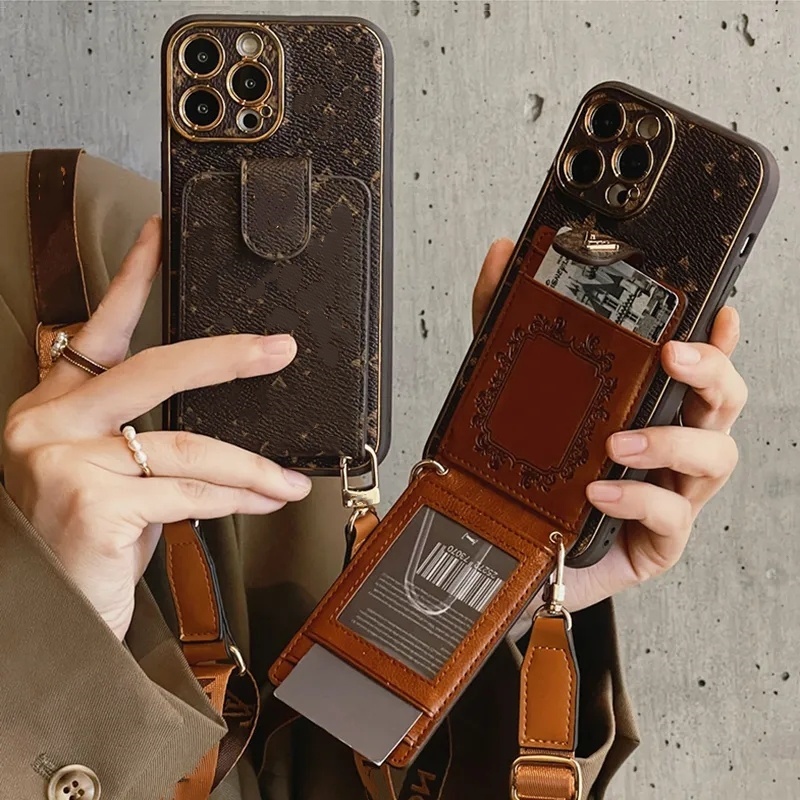 Designer Coque iPhone pour Apple iPhone 15 16 Pro Max 14 Pro Max 13 12 14 Plus 15 Plus 11 Étui Porte-Carte Portefeuille avec Sangle Lanière