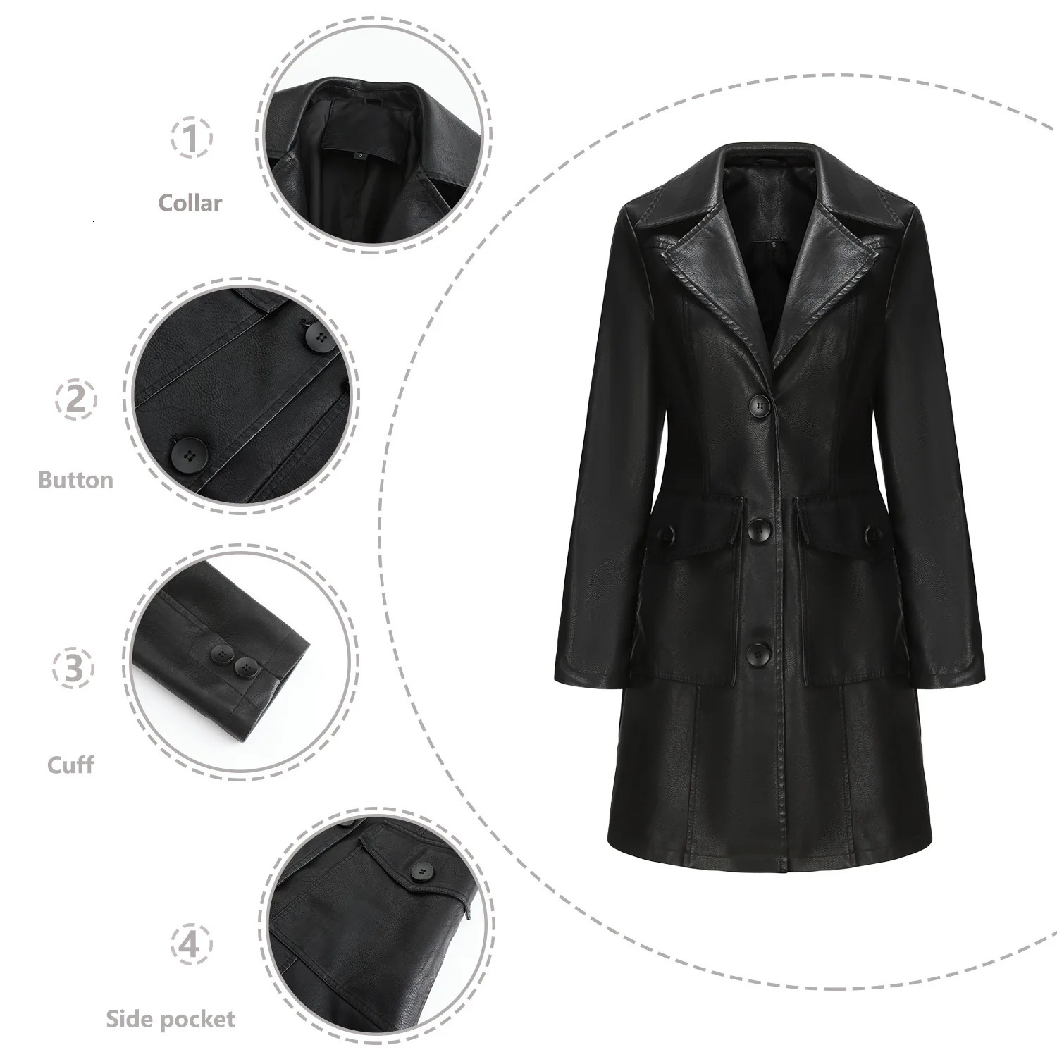 Spring Autumn Womens Windbreaker Long Leather Jacket Female British Coat Womens Lapel Single Breasted Button Coats 250118