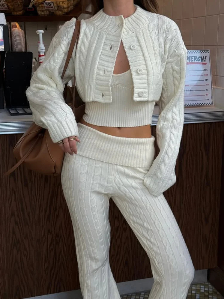 Knit Pants Sets 3 Pieces For Women White Crop Halter Vest Short Button Cardigans Fold High Waist Flare Pants 2025 Spring Outfit 250107