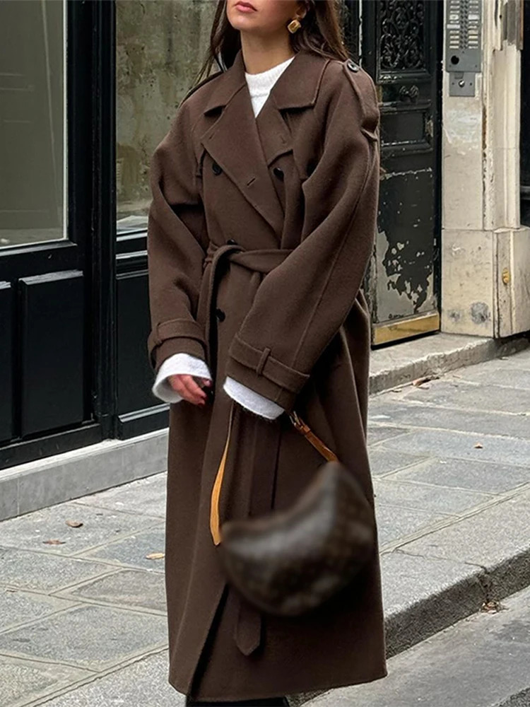 Street Long Trench Coat With Belt Women Black Loose Lapel Double Breasted Full Sleeve Overcoat Autumn Winter Lady Outwear 250118