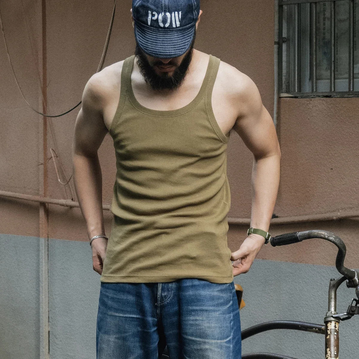 Bronson Old Fashion Thin Strap Tank Top Ribbed Cotton Sleeveless Undershirt Men 250108