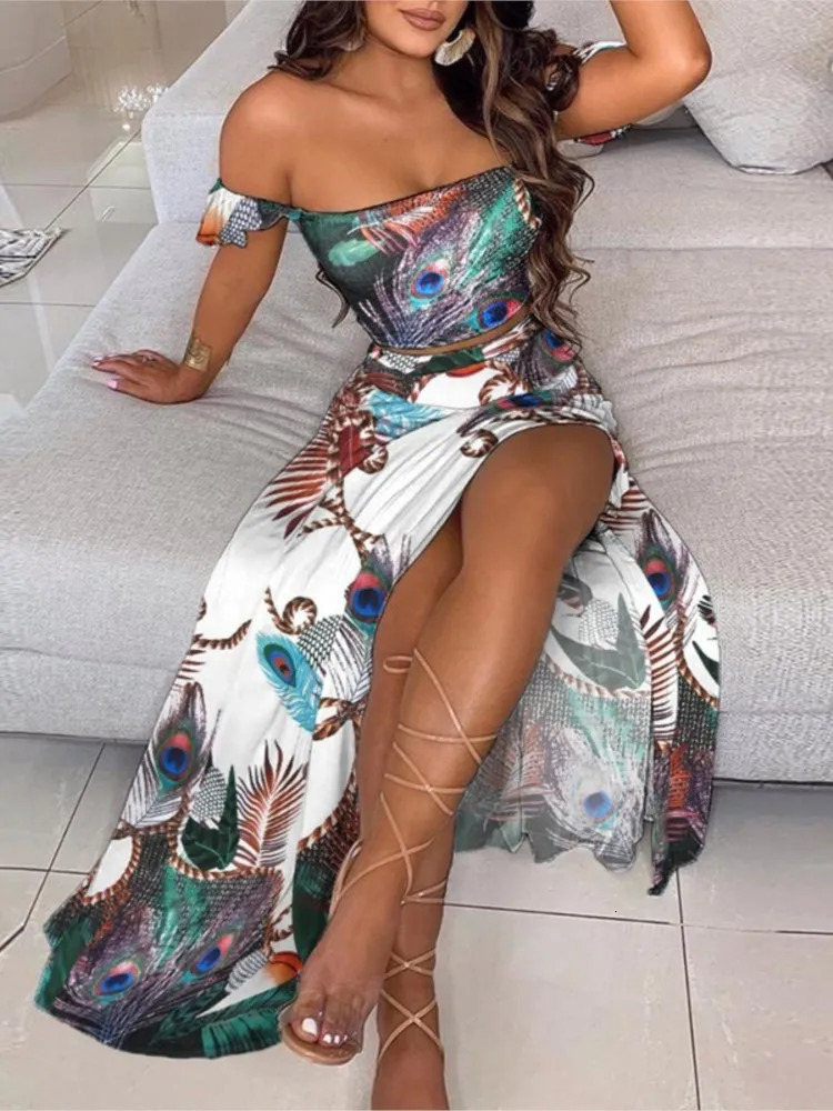 Color Print Skirt Two Piece Set Women One Line Neck Cropped Tube Top Slit Skirts Sets Casual Bohemian Beach Vacation Style Suit 250118