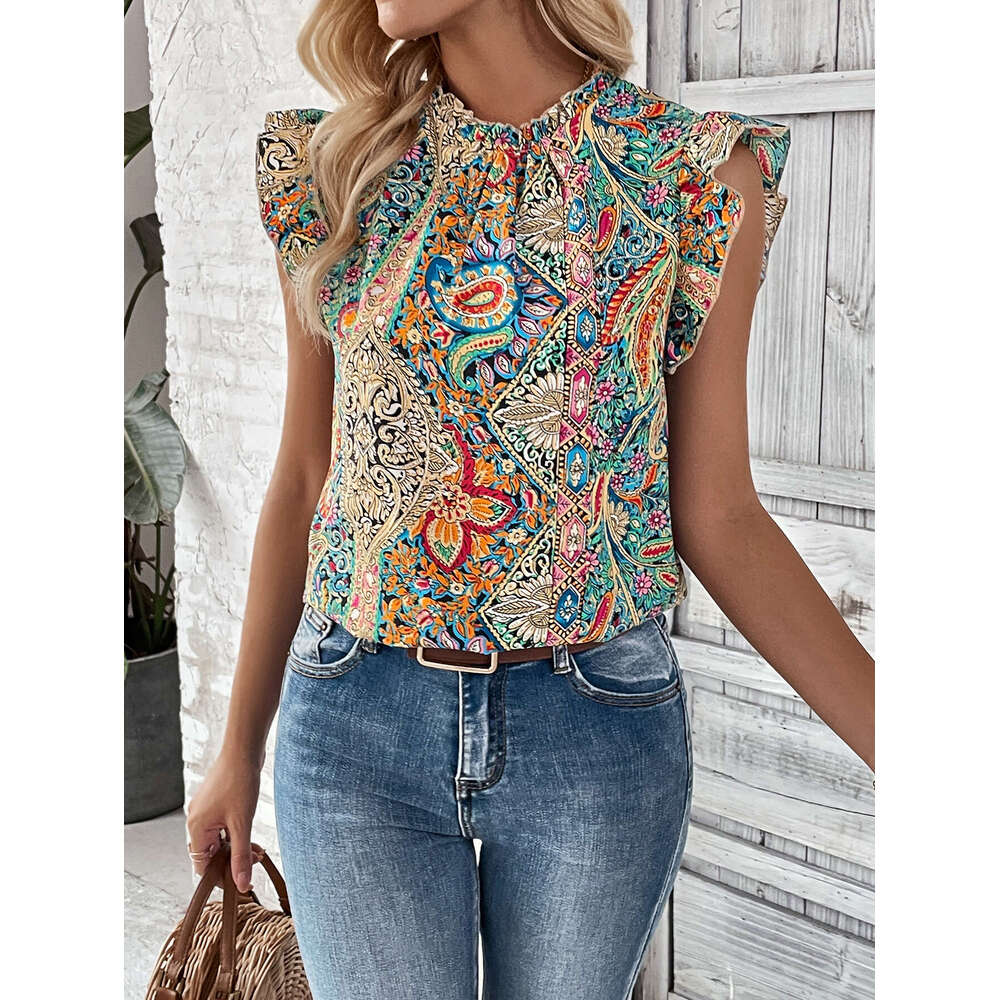 European American summer women's retro ethnic style printed short sleeved shirt with butterfly sleeves, 2025 new style, chic and elegant clothing