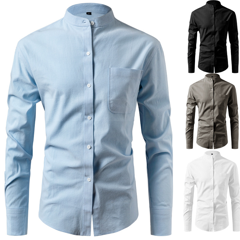 D195 New Stand Collar Shirt Amazon Long Sleeve Cotton Men's Casual Imitation Linen Shirt Men's Trend