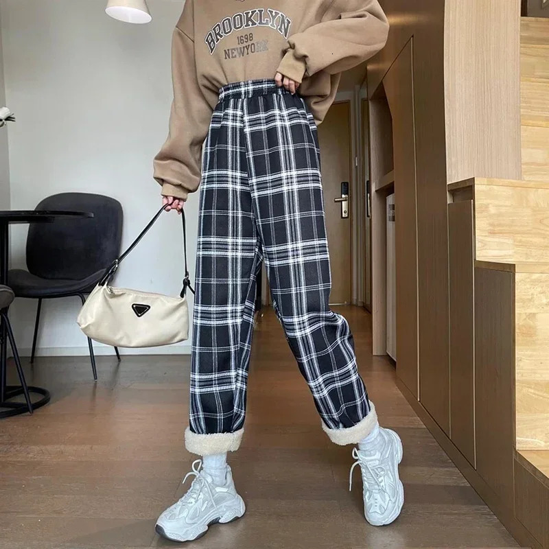JMPRS Winter Thick Plaid Pant Korean Fashion Warm Loose Wide Leg Trousers Student Y2K Causal High Waist Pants Outwear 250113