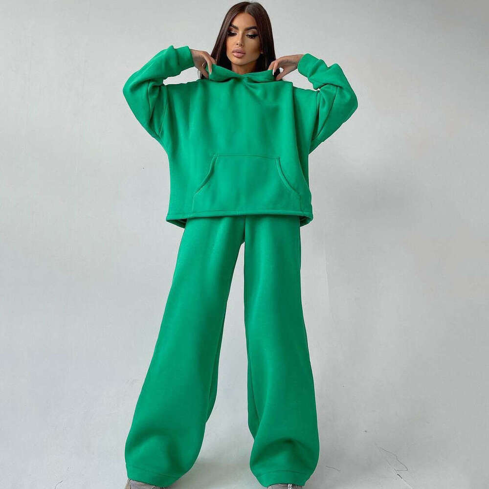 hot selg European American women's autumn and winter hooded pocket hoodie two-piece set 2025 temperament versatile new trend clothing ins