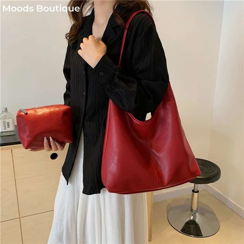 MOODS Women Tote Bag Set Red Soft PU Leather 2-IN-1 Large Capacity Shopper Shoulder Bags 2024 Designer Handbag Female Sac