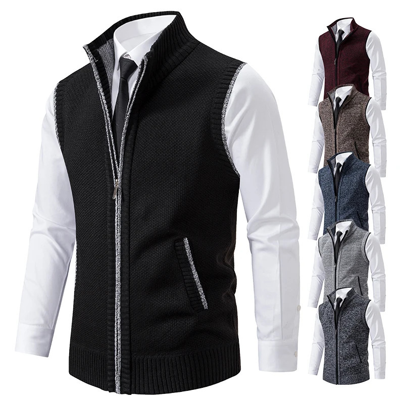 Autumn Winter Knit Vests Men Stand Collar Solid Color Knitted Sleeveless Sweatercoat Man Zipper Vest Cardigan Knitting Waistcoat 250114Z