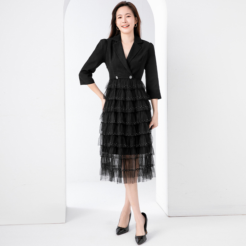 H1001 Mature slim dress black mesh cake skirt splicing suit dress temperament two pieces