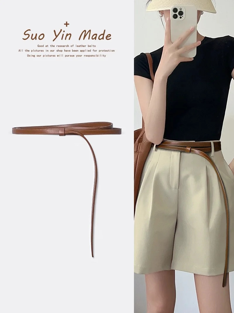 Womens leather thin belt womens double loop knotted small belt womens Versatile decorative leather waist chain 250110