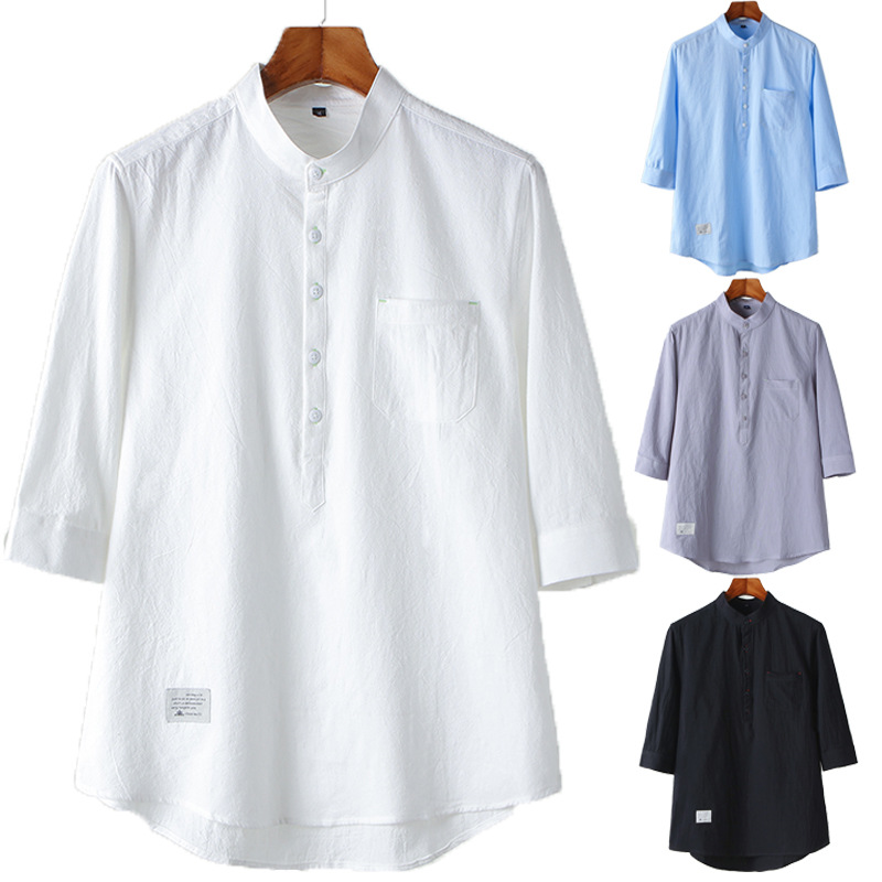 L65 Spring and summer new style stand-up collar pure cotton linen henley shirt three-quarter sleeve casual loose pullover T-shirt