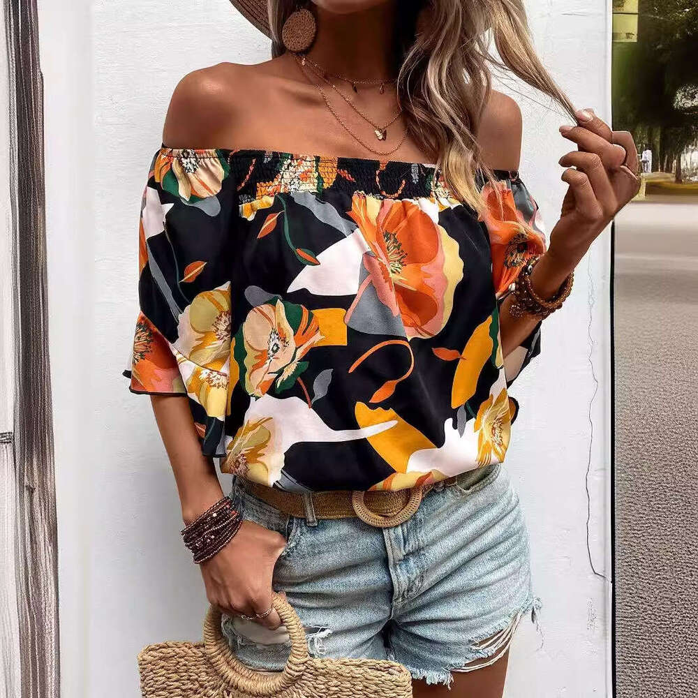 European American fashion hot summer collection with ral print one shoulder short sleeved women's ing 2025 new style chic and elegant clothing