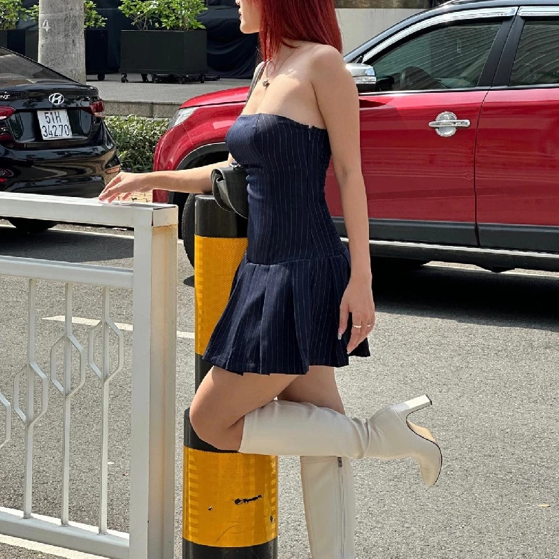 Xeemilo Korean Fashion Sleeveless A-line Dress Aesthetic High Streetwear Slash-neck Pleated Dresses Summer Elegant Slim Dresses 250117