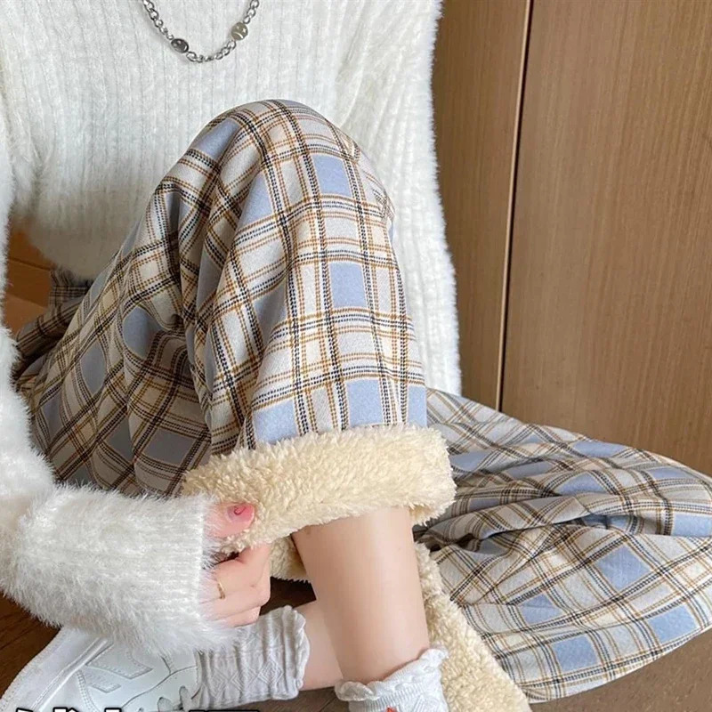 JMPRS Winter Thick Plaid Pant Korean Fashion Warm Loose Wide Leg Trousers Student Y2K Causal High Waist Pants Outwear 250113
