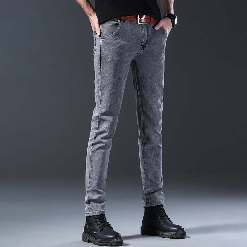 style jeans mens slim fit Korean style comfortable straight leg elastic gray mid waist pants mens casual denim pants 250116