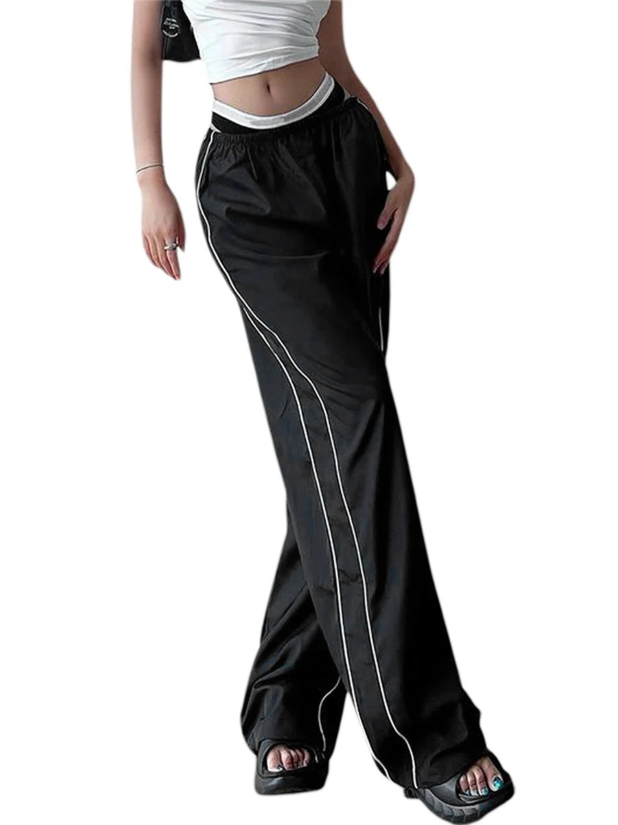 Baggy Cargo Sweatpants for Women Low Wasit Wide Leg Parachute Pant Side Striped Bow Track Pants Y2K Streetwear 250113
