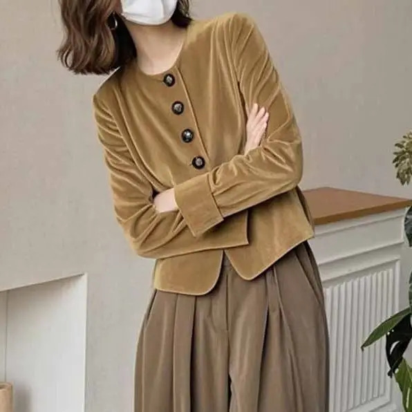 Melad Coffee Color Single Breasted Velvet Jacket with a High-end Feel Light Mature Style Versatile Cool Stylish Autumn Jacket 250113