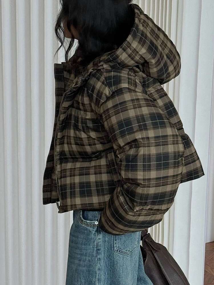 Brown Plaid Big Size Short Warm Hooded Cotton-Padded Coat Long Sleeve Women Parkas Fashion New Autumn Winter 2025 1Dh8406