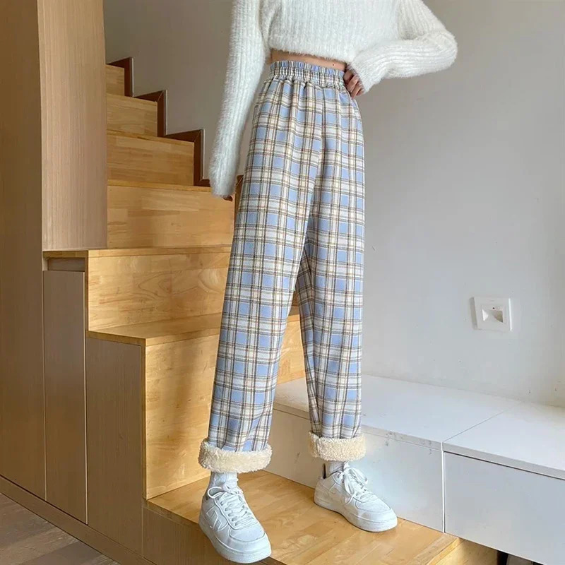 JMPRS Winter Thick Plaid Pant Korean Fashion Warm Loose Wide Leg Trousers Student Y2K Causal High Waist Pants Outwear 250113