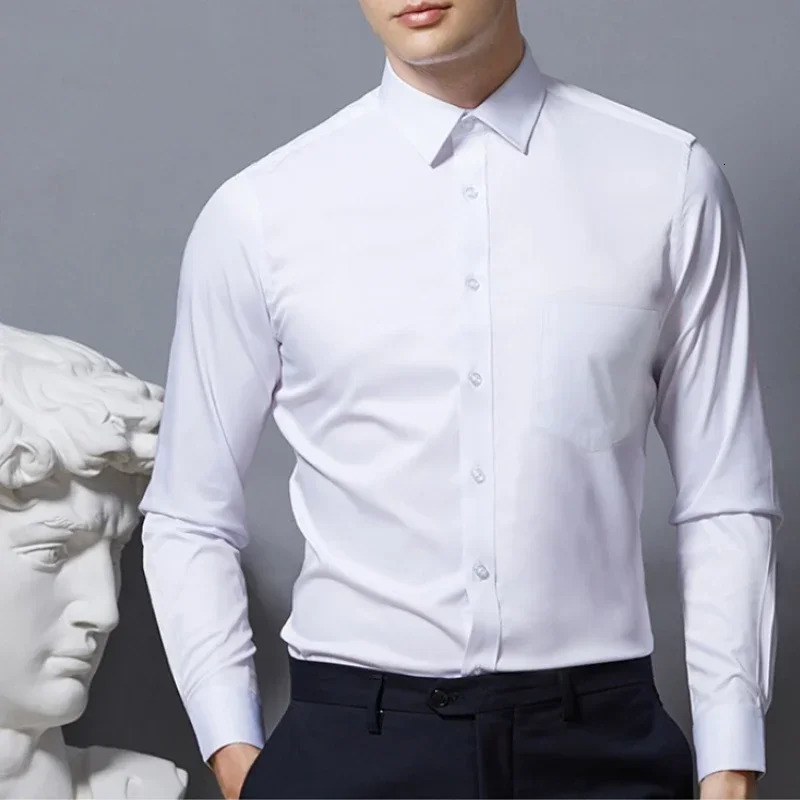 Long Sleeve Shirt Men Style Stretch Fashion Solid Plain Black White Shirt Men Button Down Smart Casual Dress 250118
