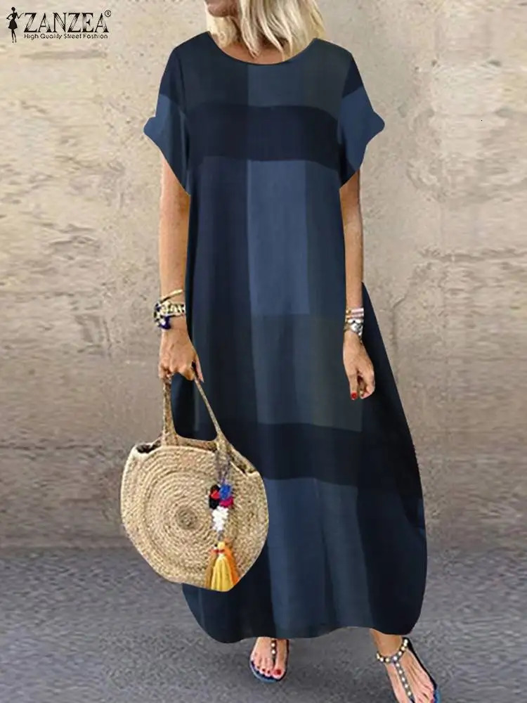 ZANZEA Bohemian Plaid Checked Sundress Summer Short Sleeve Long Dress Fashion Holiday Party Dress Femme Casual Loose Robe 250118