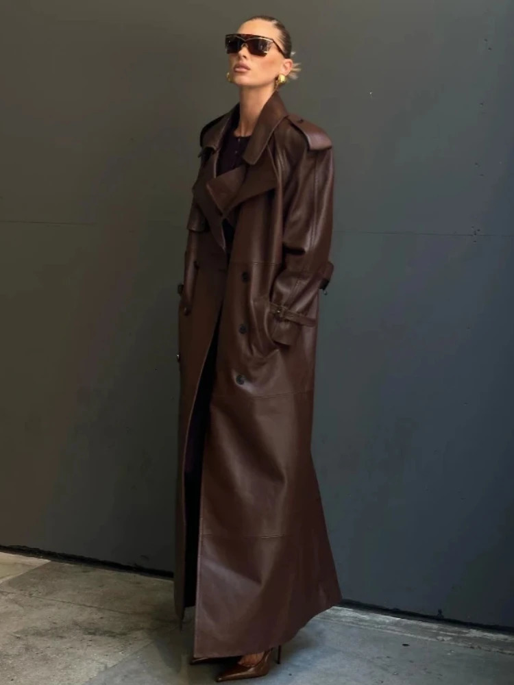 ZBZA Womens Double-breasted Lace-up Faux Leather Trench Coat Retro Double Pockets Solid Loose Belted Overcoat Fall Winter Coat 250118