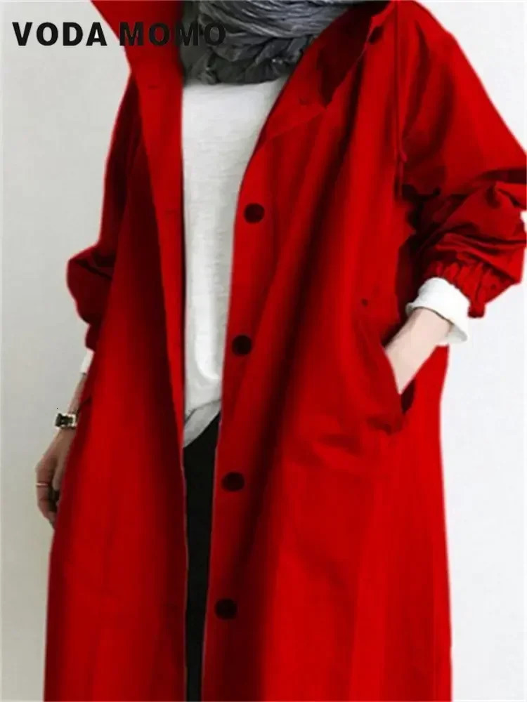 Spring Autumn Casual Korean Fashion Hooded Medium Long Overcoat Loose Windproof Coat Women Trench Coat Solid Color Pocket 250118