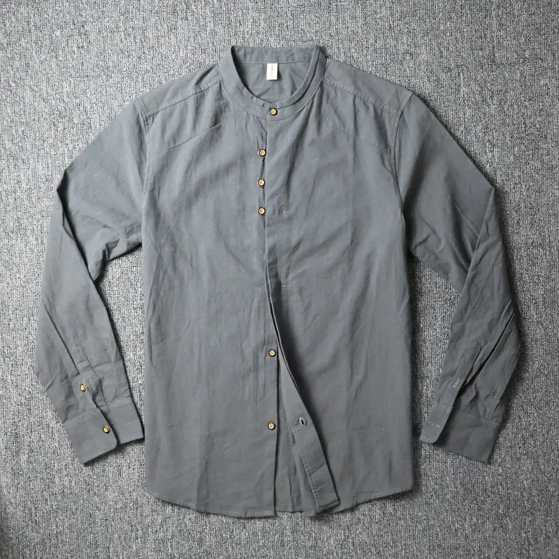 Mens long sleeved slim fit shirt retro pure cotton linen stand up collar single chest daily simple button mens shirt 250110