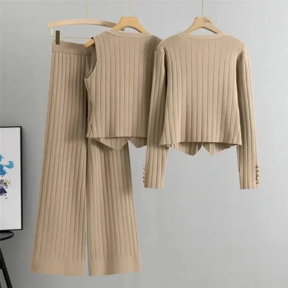 Fashion 3 Piece Set Women Sexy Vest Long Sleeve Zipper Cardigan Elastic Waist Wide Leg Pants Tracksuit Knitted Suit 250109