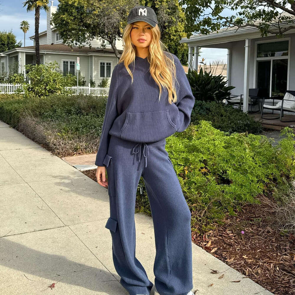 2025 European American Spring Autumn Women's Hooded Sports and Leisure Sweater Knitted Set New Casual Versatile Fashion Clothing