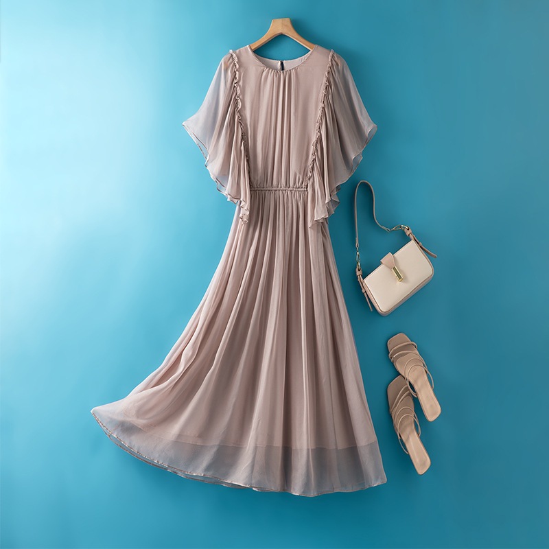 K3210 Mulberry silk waist slimming solid color dress fairy flying sleeves silk skirt female niche long summer sweet solid color