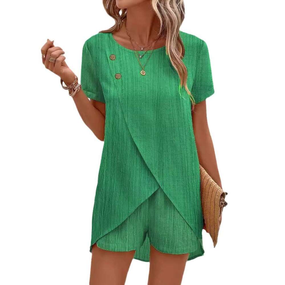 European American women's fashionable and personalized round neck front cross hem short sleeved suit 2025 new casual versatile fashion clothing
